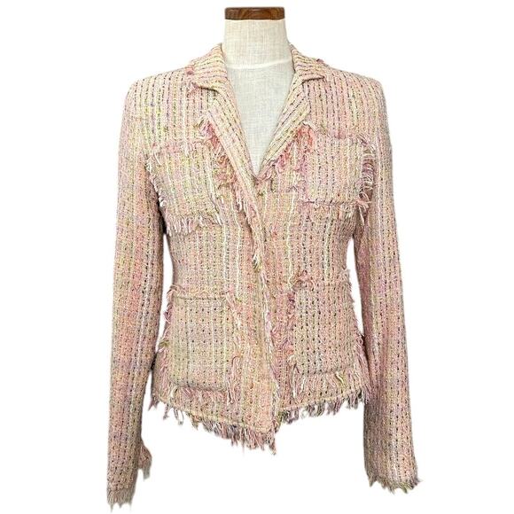 Louise Paris Tweed Fringe Blazer Jacket Pink Pastel Boucle Size M Chic Old Money - Picture 1 of 11
